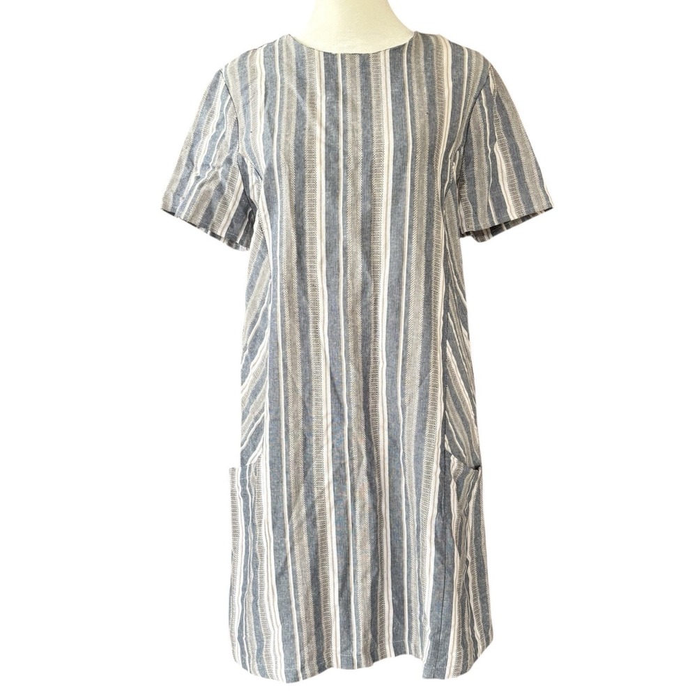 Paper Crane Blue White Striped Linen Blend Dress Womens‎ L Shift 60s Style Retro